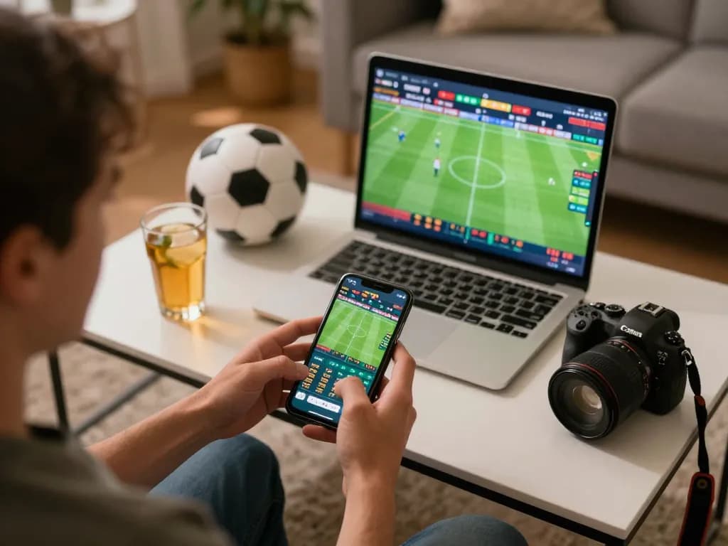 Engaged player using smartphone for sports betting at home, showcasing ALO8 PRO platform