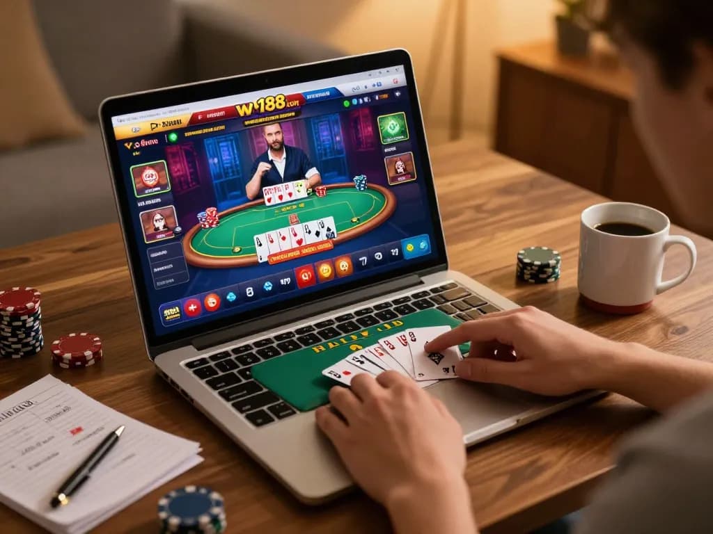 Engaging in poker gameplay on w188 com from a comfortable home setting with warm lighting