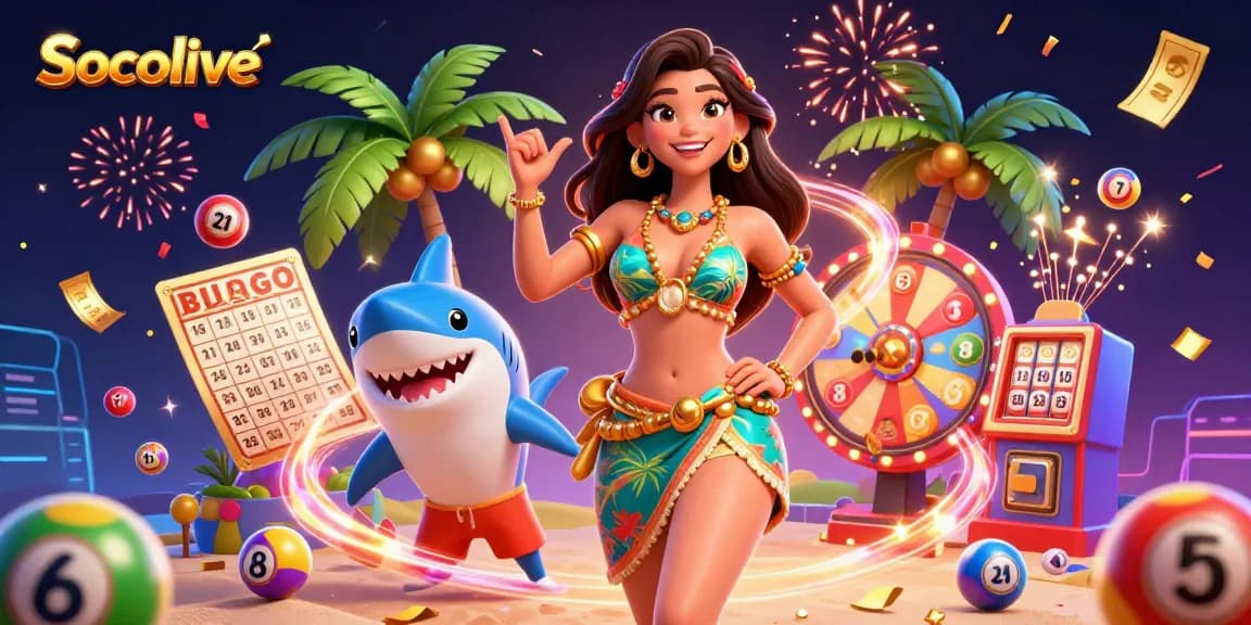 Socolive offers vibrant 3D illustration showcasing exciting lottery elements and a beach vibe.