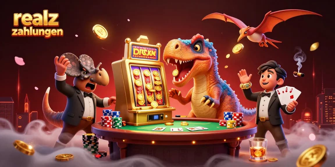 Realz Casino Zahlungen: 3D-Dino spielt Spielautomaten und erntet Goldmünzen.