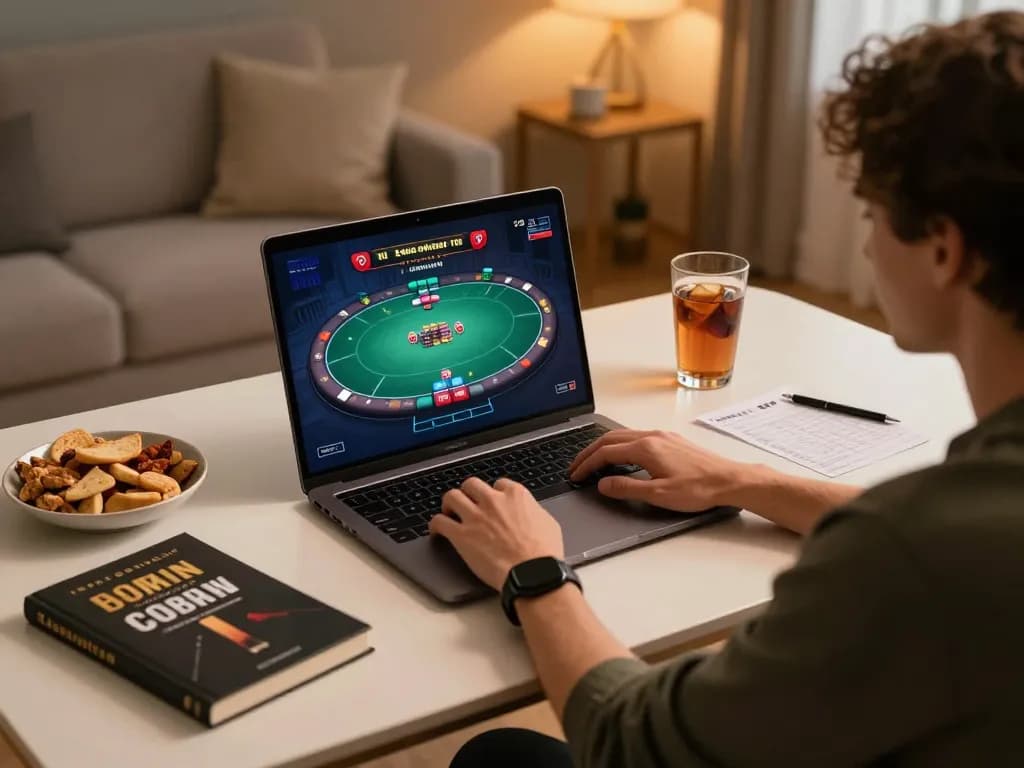 Player engaging in strategic online poker at home via o8net3, showcasing immersive gameplay and a comfortable setup.