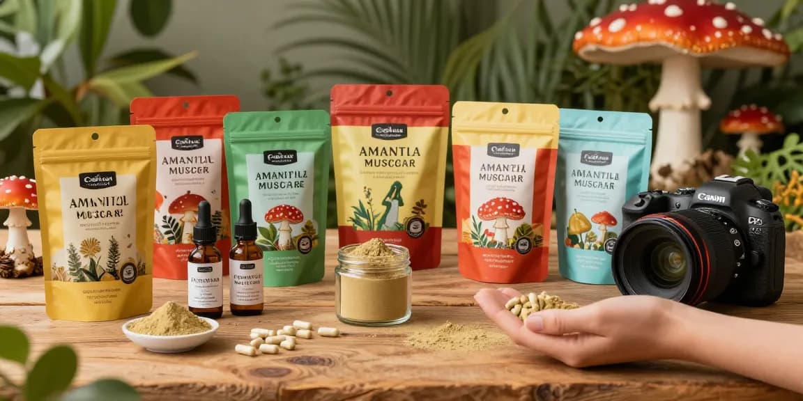 Fliegenpilz Pulver in einem natürlichen Wellness-Setting mit Amanita Muscaria-Produkten präsentiert.