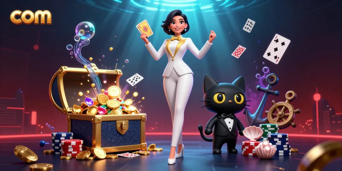 Glamorous poker scene featuring chic woman in tuxedo shuffling cards at com casino with vibrant underwater elements.