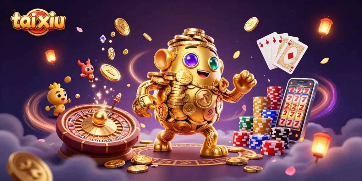 Experience the excitement of tai xiu in a vibrant 3D casino scene filled with cascading coins and golden elements.