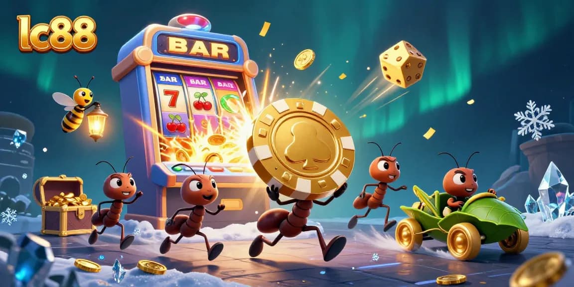 lc88 players engaging in exciting heist activities with oversized poker chip amidst vibrant casino game elements.