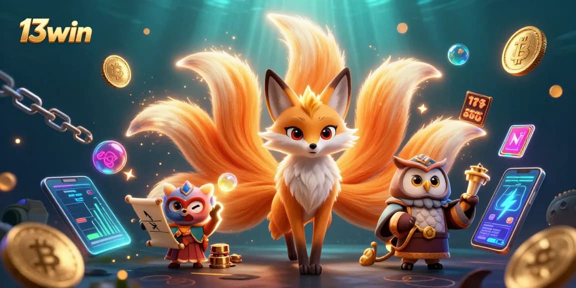 Engage with 13win's vibrant casino adventures featuring a nine-tailed fox and owl in a rich, dynamic scene.