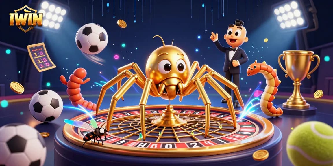 IWIN engages in thrilling bets with a golden spider and a centipede croupier in a vibrant casino scene.
