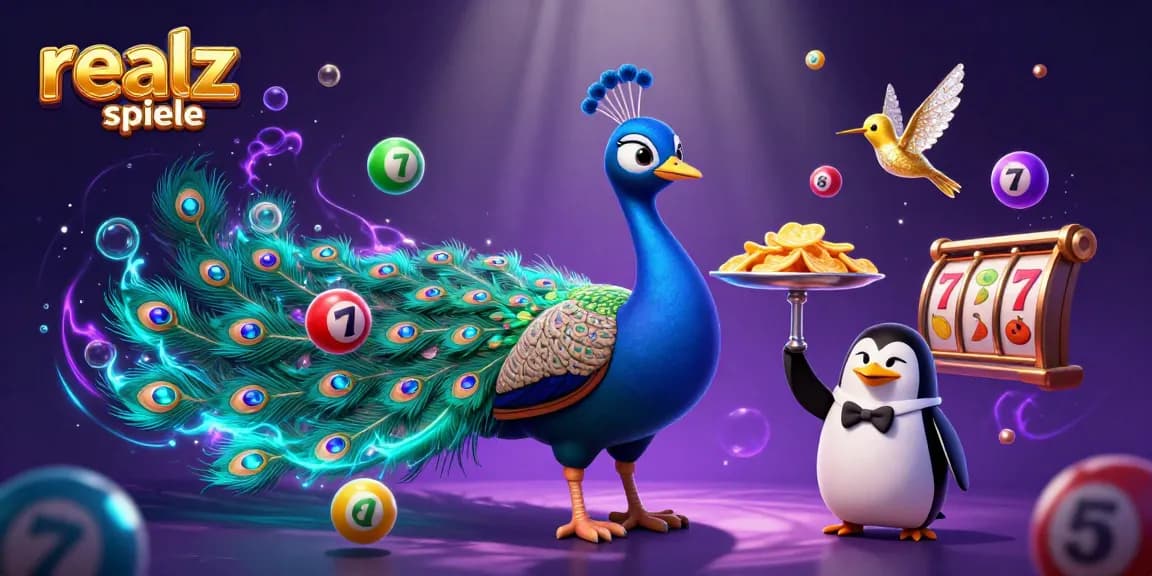 Erlebe spannende Realz Casino Spiele mit einem prächtigen Pfau, einem Butler-Pinguin und einem schillernden Kolibrie.