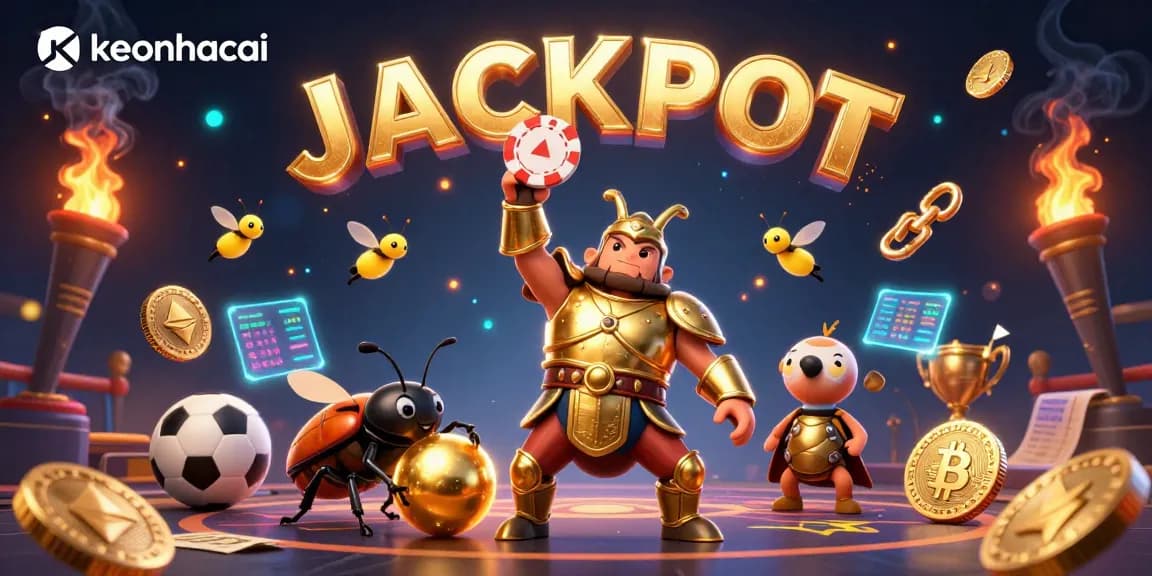 Engage with keonhacai as the hercules beetle celebrates a poker win, surrounded by vibrant sports betting elements.