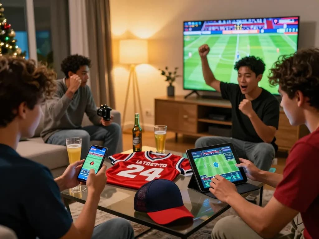Enthusiastic group betting on SBOBET88 during a sports event party.