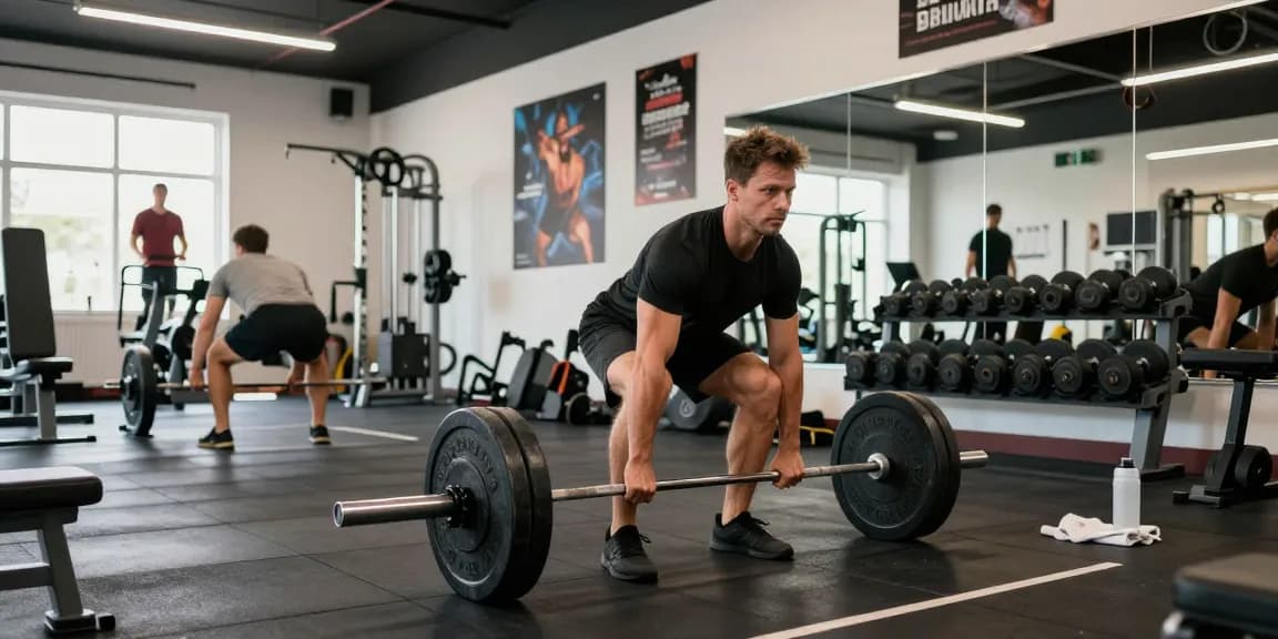 Global Pharma Steroids im Fitnessstudio, athletischer Mann beim Kreuzheben mit Gewichten in einer motivierenden Umgebung.