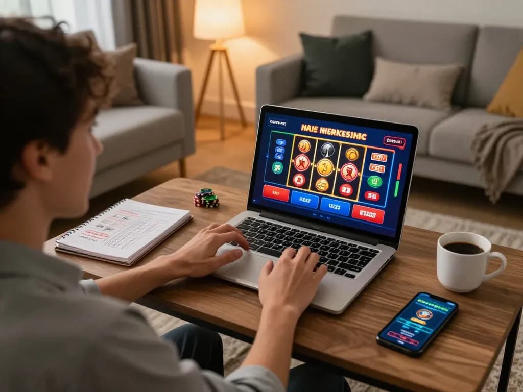 Engaging online gaming scene at https://98winn.net/ showcasing a cozy player setting with poker game interface visible.