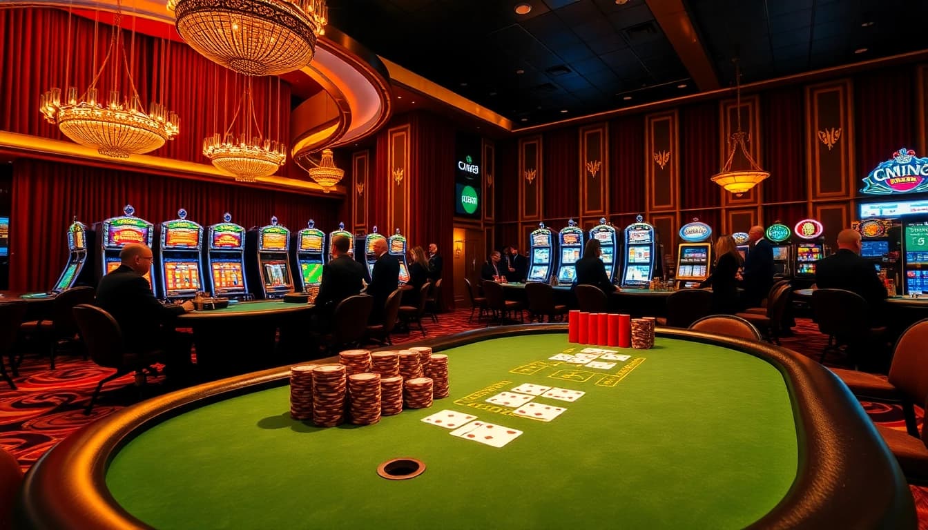Exciting gambling atmosphere with CM88-themed poker table and vibrant casino elements.