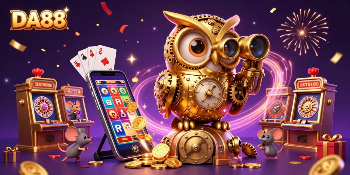Experience DA88 with a vivid 3D illustration featuring a golden owl and casino games.