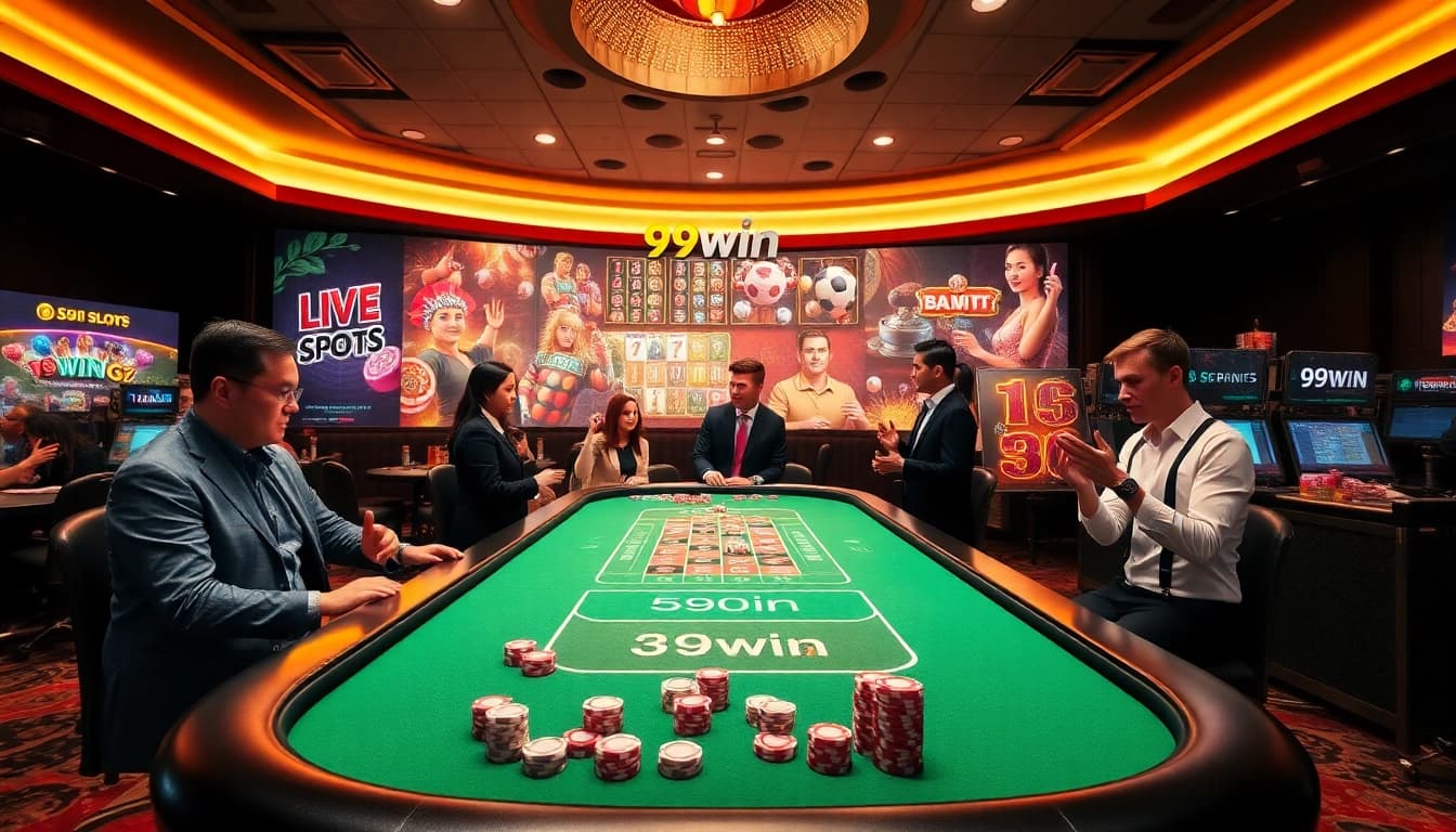 Players enjoying a thrilling gambling experience at 99win casino, with vibrant games and lively atmosphere.