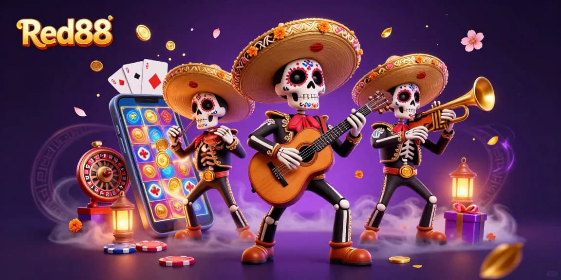 Engage with Red88's vibrant casino world showcasing skeleton mariachi band, slot games, and rich decorations.
