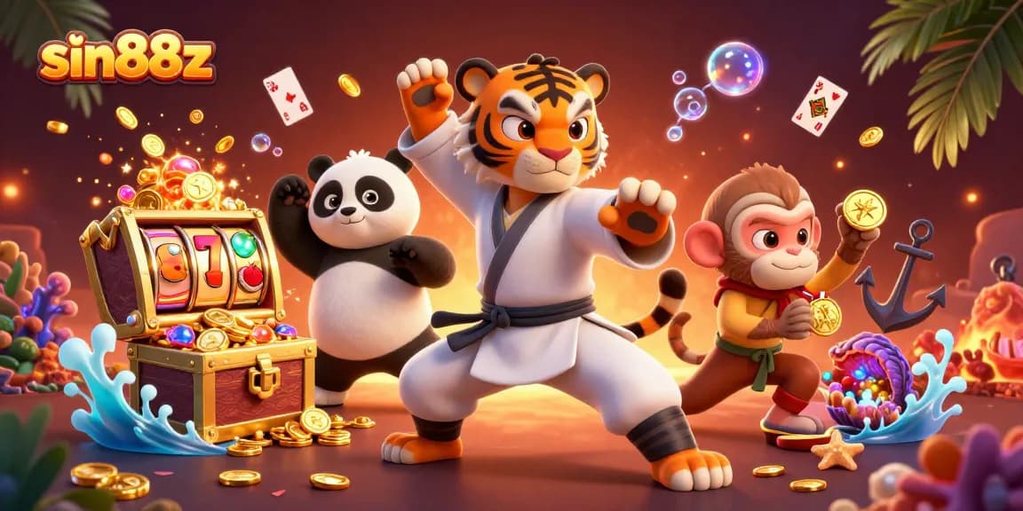 Engage in exciting gameplay with sin88z as a kung fu tiger and panda disciple celebrate a jackpot.