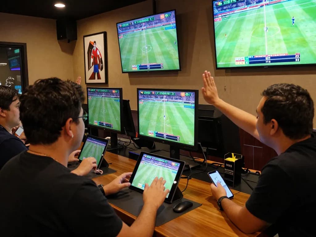 Sports betting excitement at DN88 with friends analyzing live odds and cheering on matches.