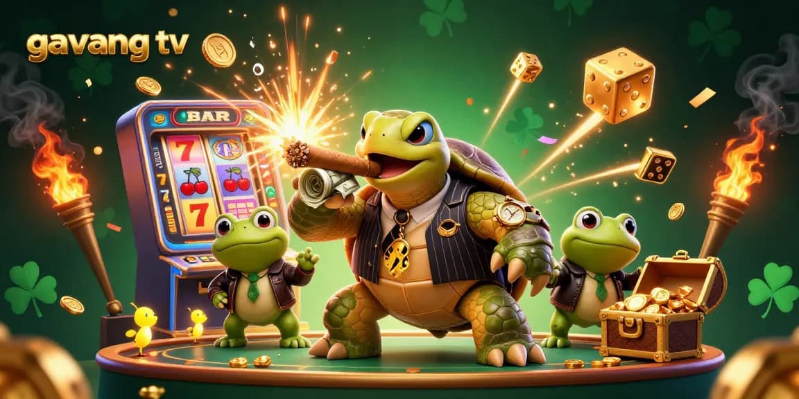 Engage with Gavang TV’s thrilling 3D illustration featuring a mobster turtle and bullfrogs amidst a casino explosion.