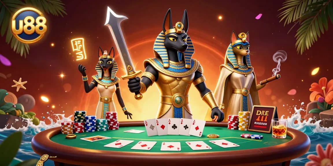 Engage with u88's vibrant casino scene featuring ancient Egyptian warriors and dynamic poker elements.