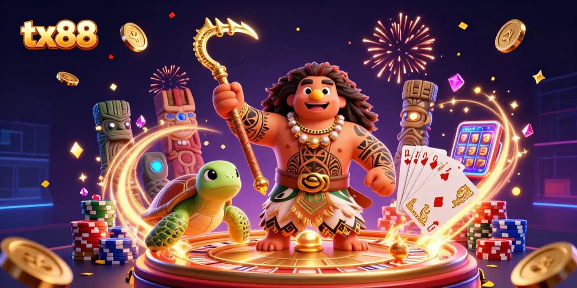 Engage with tx88 in this vibrant casino scene featuring a hawk, turtle, and dynamic gaming elements.