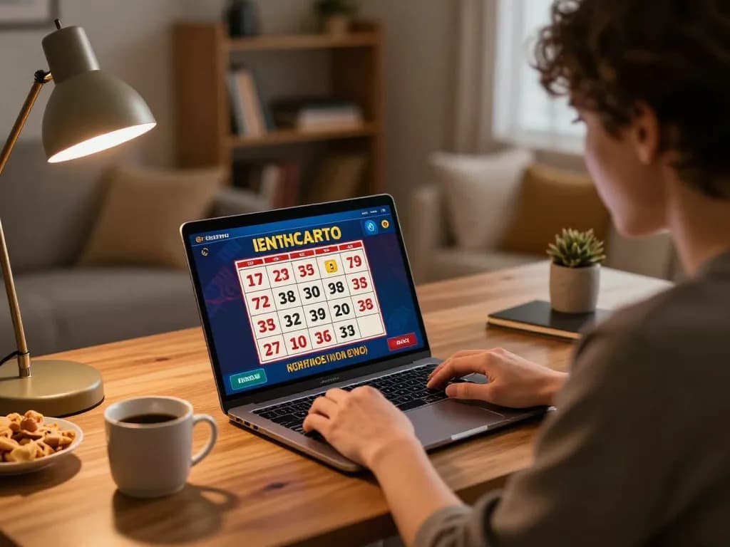 Winwin player marking a bingo card while engaging in live online gameplay from a cozy home setup.
