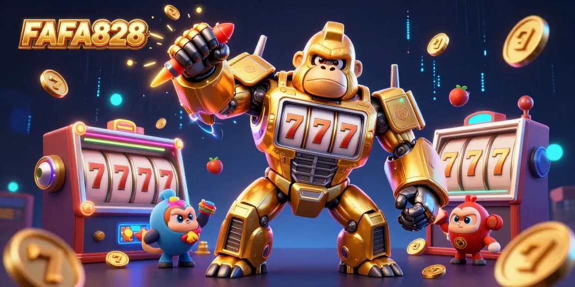 Experience thrilling slot action with FAFA828's golden gorilla mech surrounded by dynamic game elements.