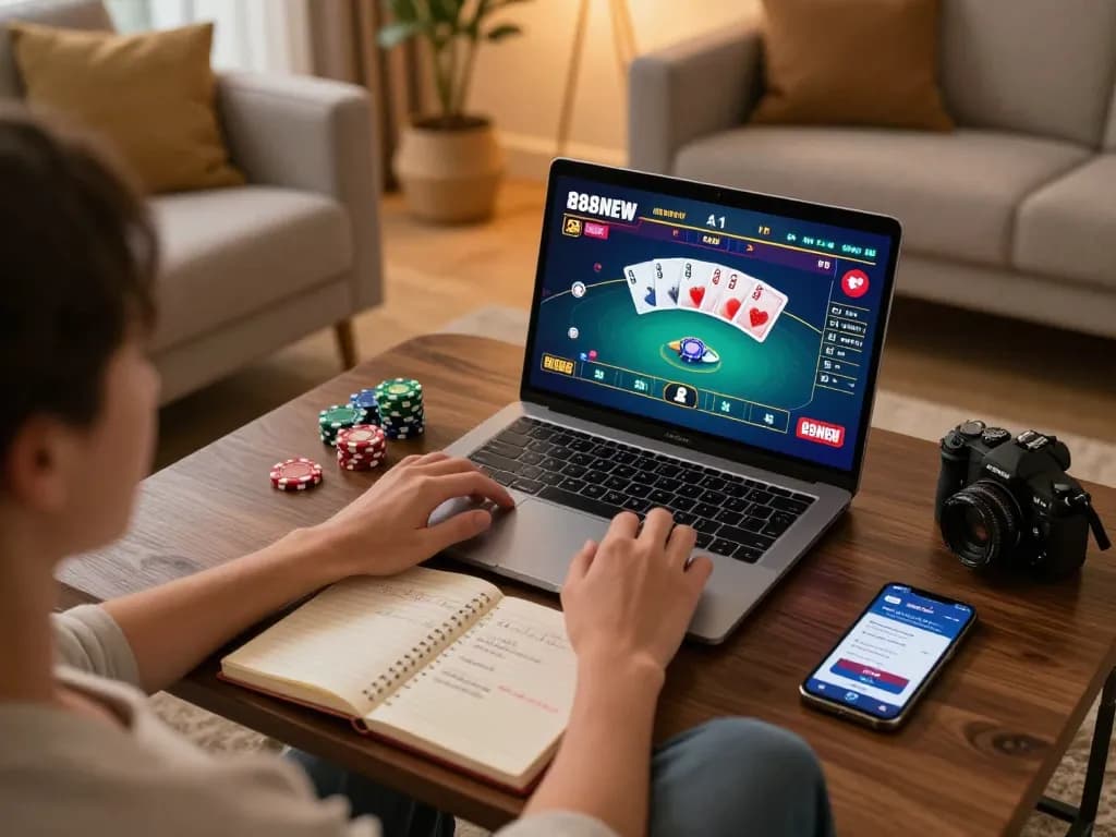 Player enjoying an online poker game on 888NEW app from a cozy home setup.