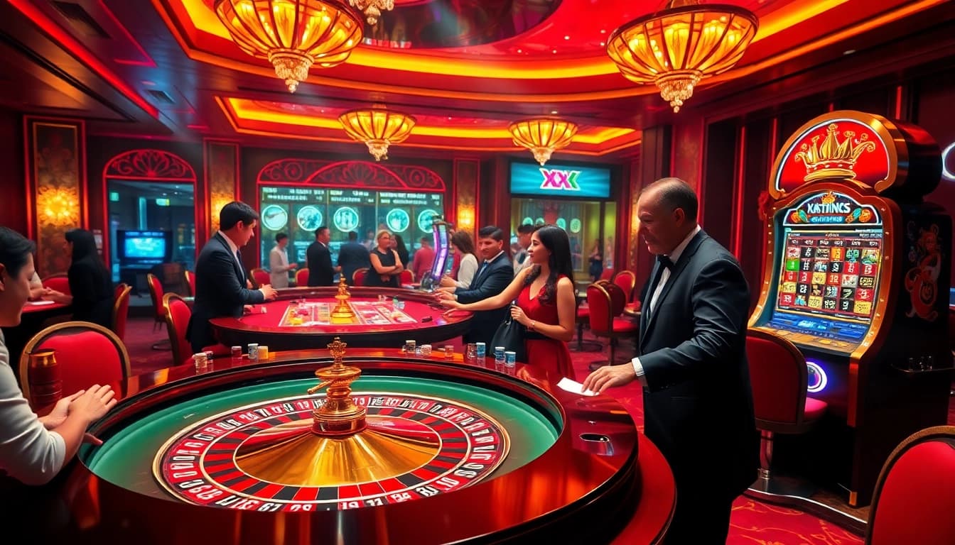 Exciting gameplay at XX 88 casino featuring roulette, slot machines, and engaged players.