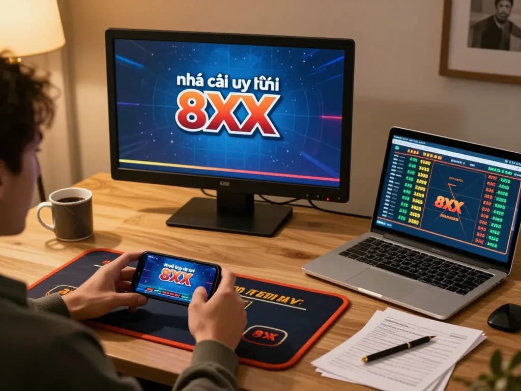Engaged player uses smartphone for online gaming with nhà cái uy tín 8XX, strategizing bets comfortably.