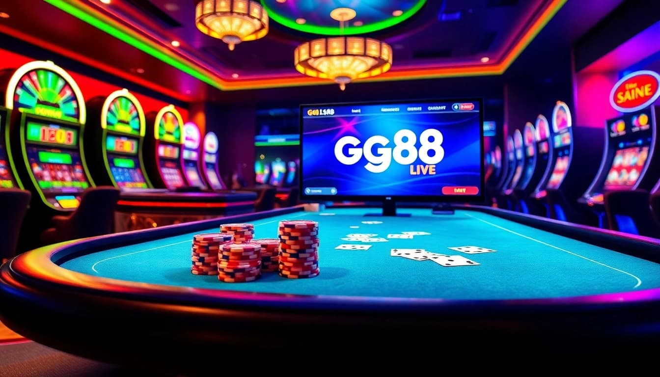 Engage in thrilling online gambling with gg88 live, featuring vibrant casino tables and slot machines.