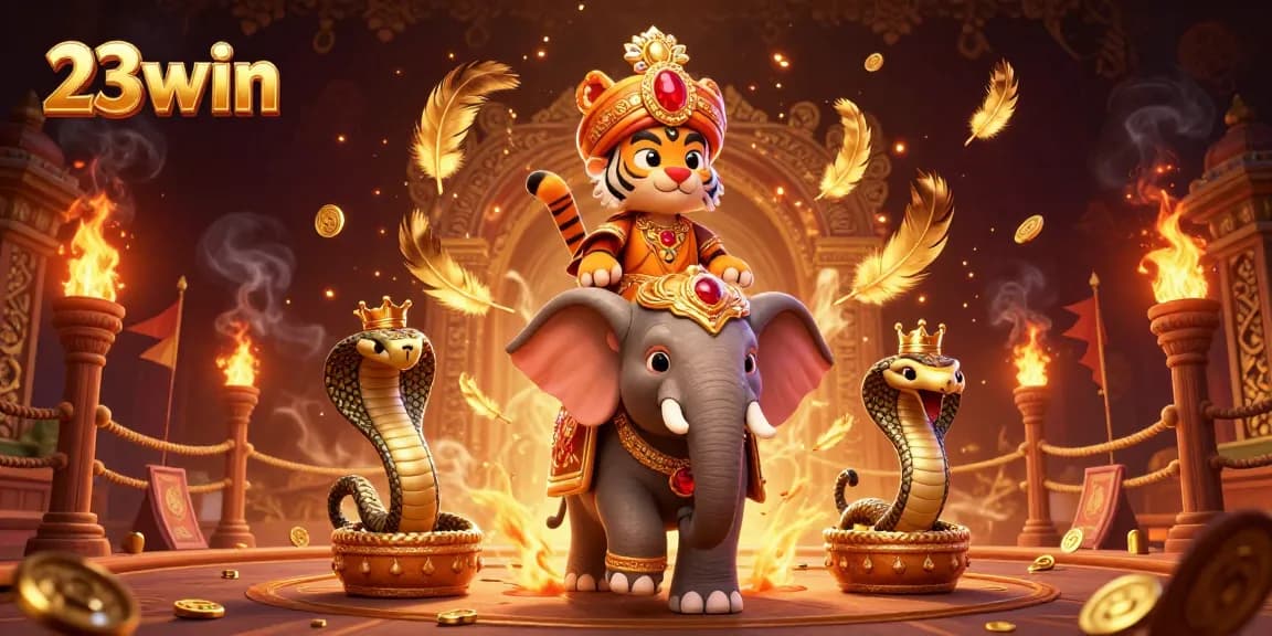 Experience the excitement of 23win with a vibrant, dynamic casino illustration featuring a maharaja, elephant, and cobra.