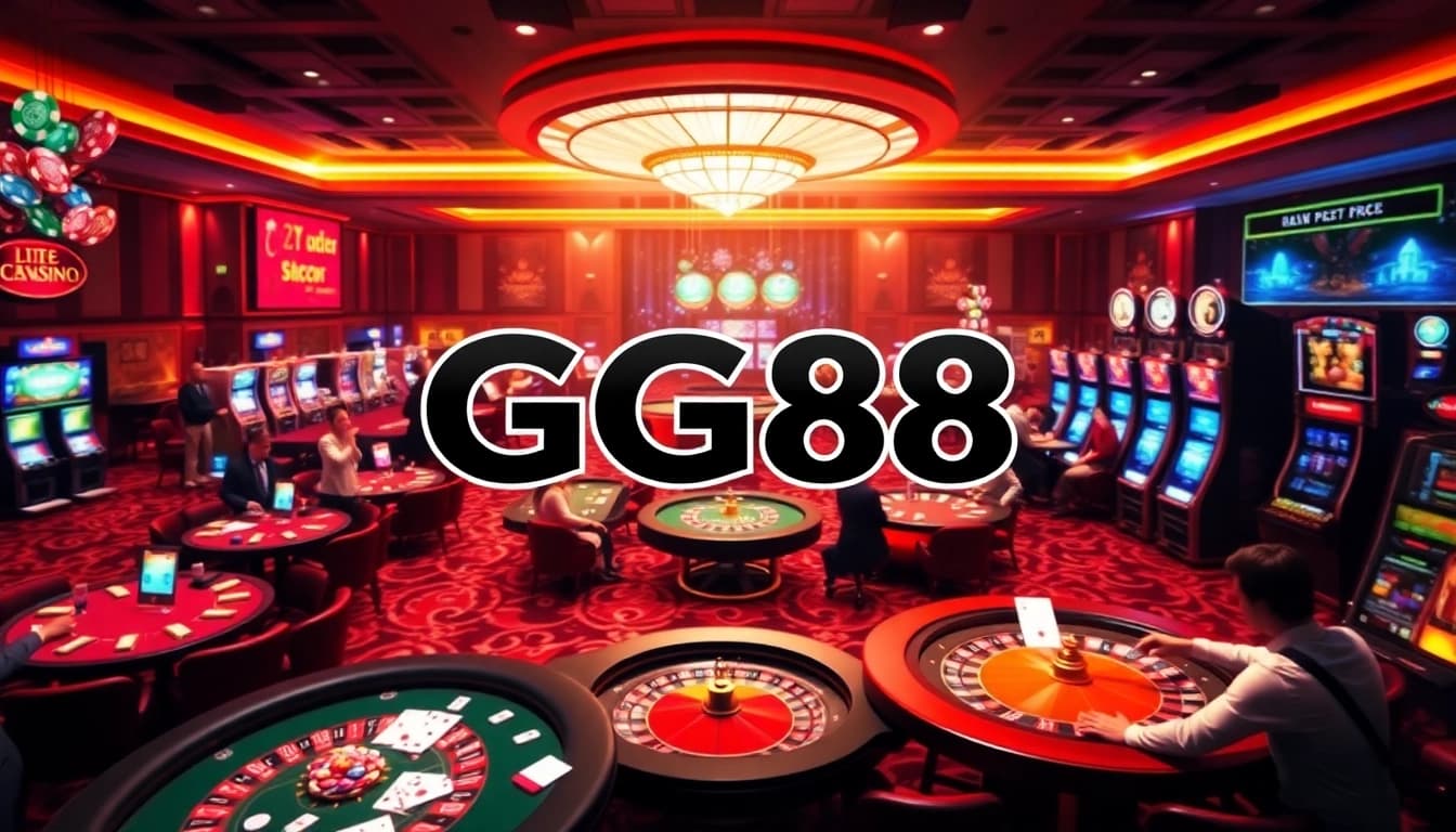 Players enjoying various games at GG88's vibrant casino, featuring roulette, poker, and slot machines.