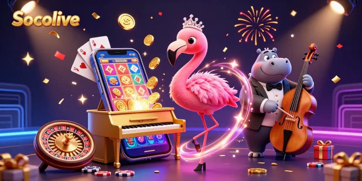 Socolive launches vibrant casino scene with flamingo singer and hippo bassist surrounded by gaming elements.