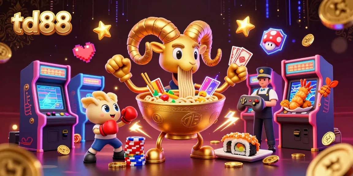 Engage with td88's thrilling gaming action, featuring a vibrant golden ramen bowl dealing cards amidst dynamic casino elements.