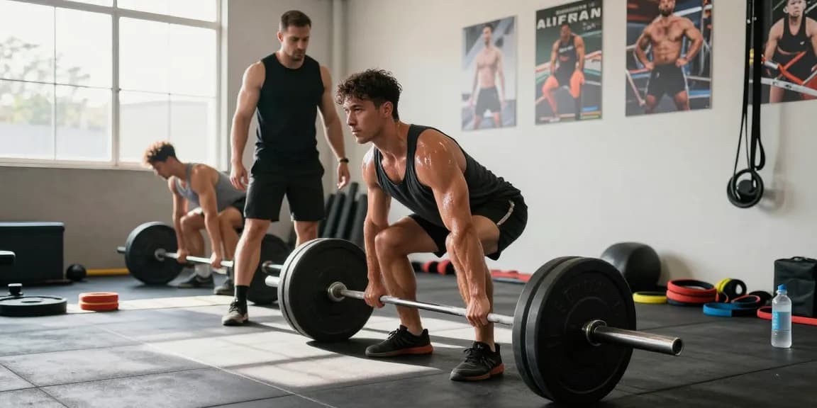 Anabolika Shop Deutschland - Athletischer Mann, der im hellen Fitnessstudio ein Langhantel-Deadlift durchführt und damit die Krafttraining und Fitnessengagement betont.
