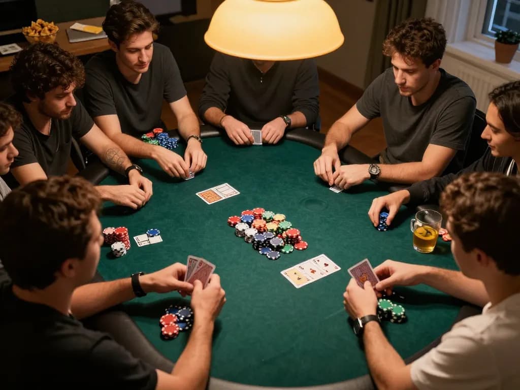 Engaging players in a cozy home poker game, showcasing nohu atmosphere with colorful chips and intense focus.