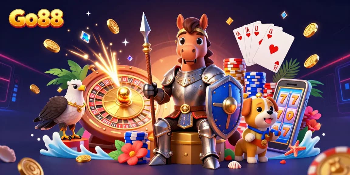 Experience the excitement of Go88's casino with 3D characters, golden coins, and dynamic gaming elements.