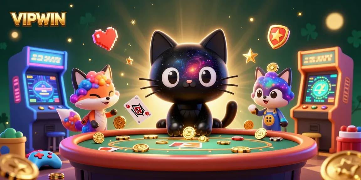 VIPWIN enchantingly showcases a black hole cat and nebula fox at a cosmic casino table surrounded by vibrant gaming elements.