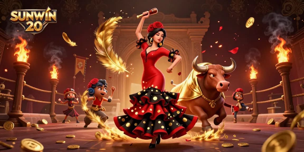 SUNWIN 20 betting scene with a flamenco dancer and bull, surrounded by golden game elements and coins.