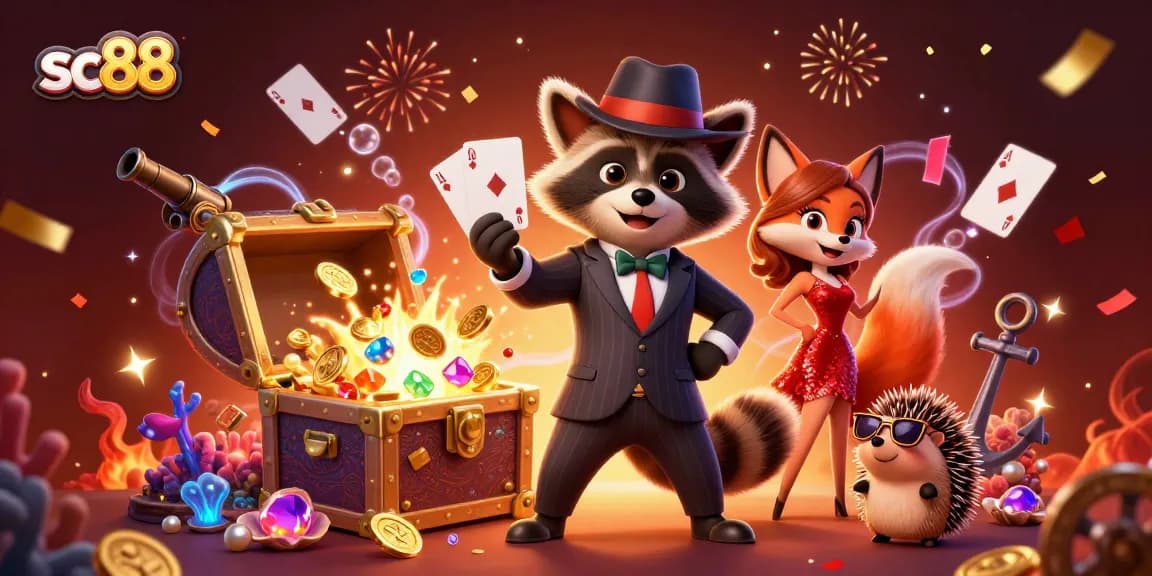 sc88 showcases an exciting 3D casino scene with a suave raccoon and fox lady surrounded by gold coins and playing cards.