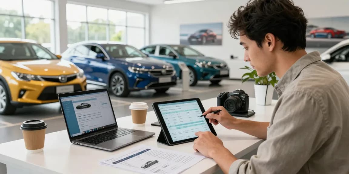 Buyer utilizing the best car history check UK while reviewing vehicle reports in a modern dealership.
