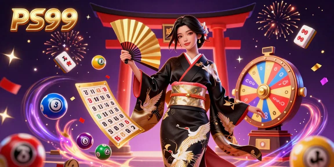 Experience winning moments at PS99 with vibrant lottery balls and festive casino elements in a dynamic scene.