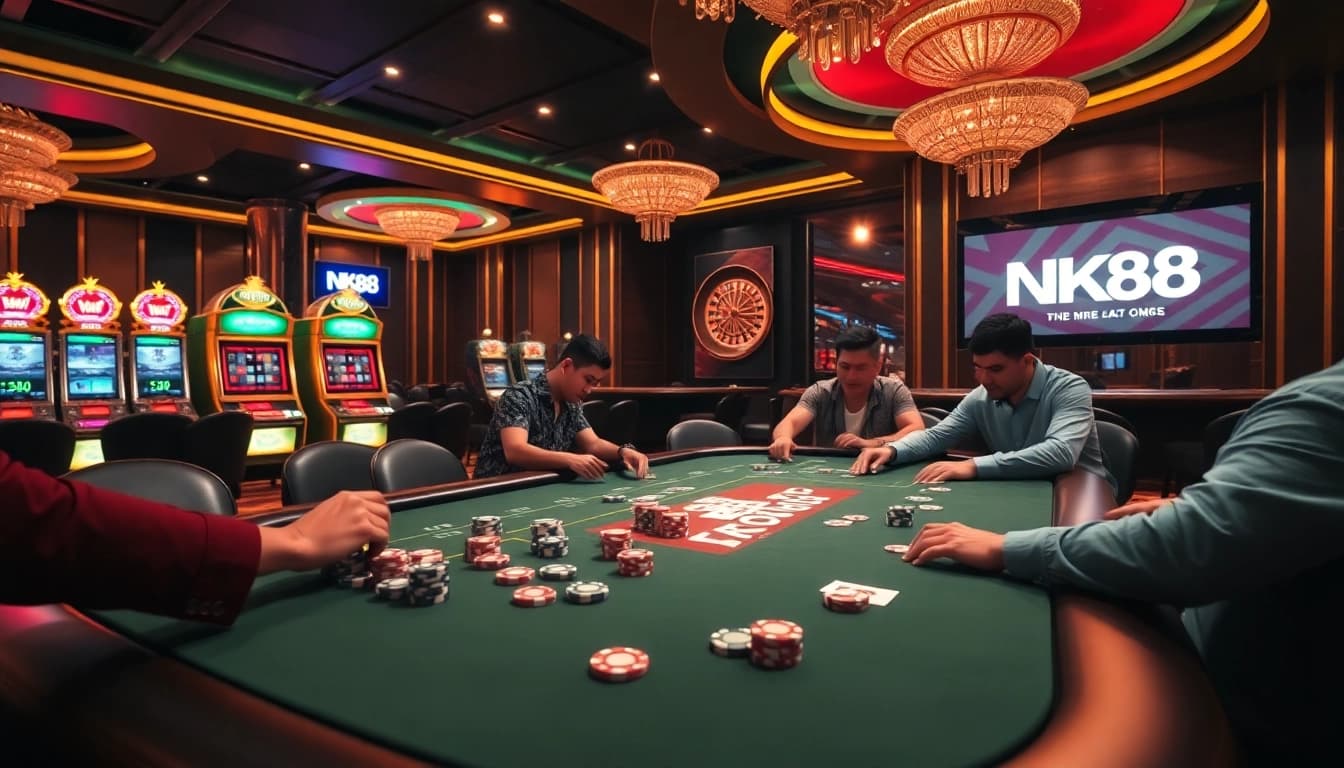 Engaging players in a vibrant NK88 poker game at an upscale casino table.