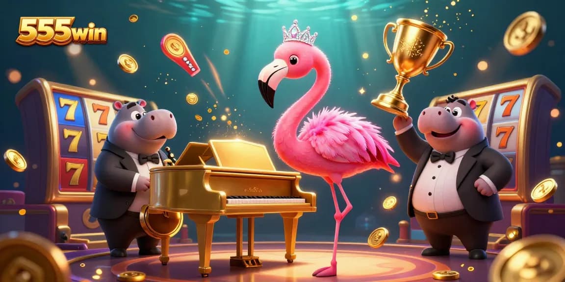 Experience thrilling gaming at 555win with vibrant slot reels and lively characters in a spectacular casino scene.