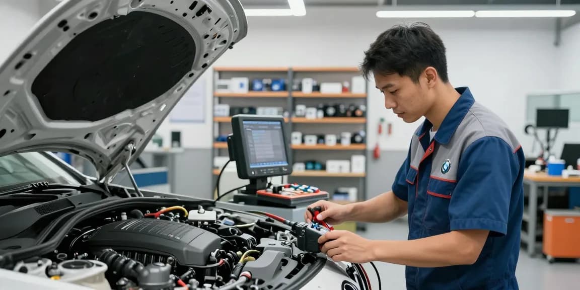 Fachtechniker des BMW-Service Hannover inspiziert Motor in einer professionellen Werkstatt.