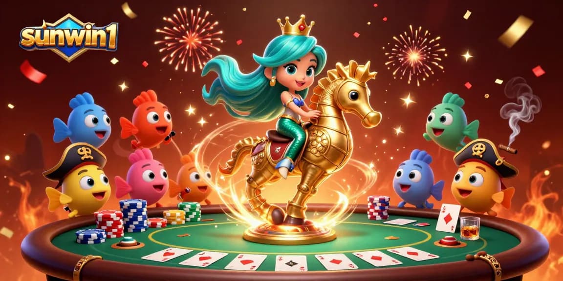 Experience sunwin1 with a vibrant 3D casino scene featuring a mermaid princess and poker action.