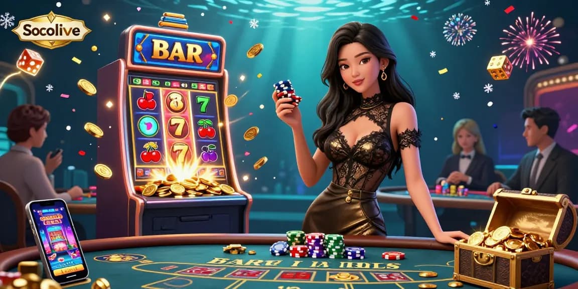 Socolive dynamic scene featuring a confident Asian woman at a high-stakes baccarat table surrounded by casino elements.