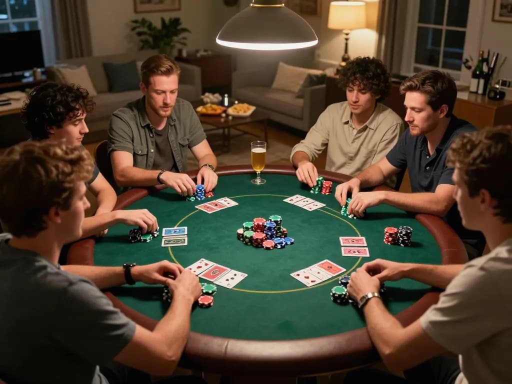 Alo789 players engaged in intense poker gameplay during a cozy home night, capturing the excitement and strategy of friendly gambling.