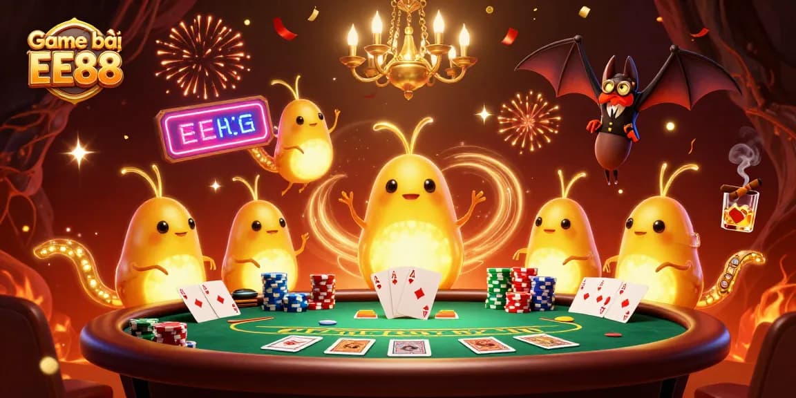 Enjoy thrilling gaming action with Game bài EE88 at a vibrant, illuminated poker table with glowworms and a bat dealer.